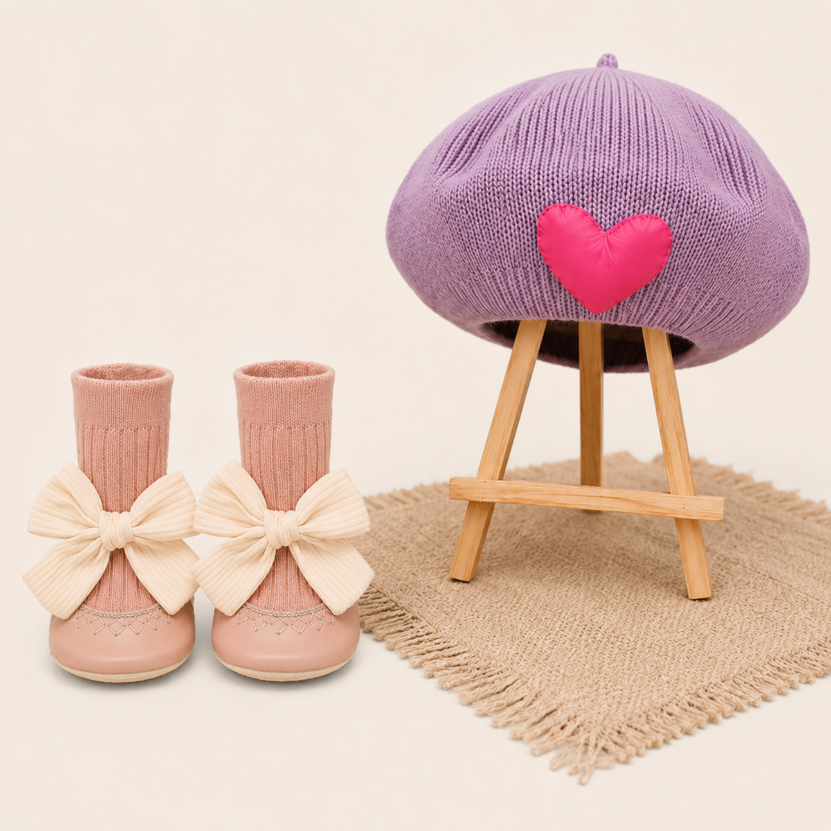 The Chic Bundle- Lavender Beret Hat & Korean Pink Bow Booties